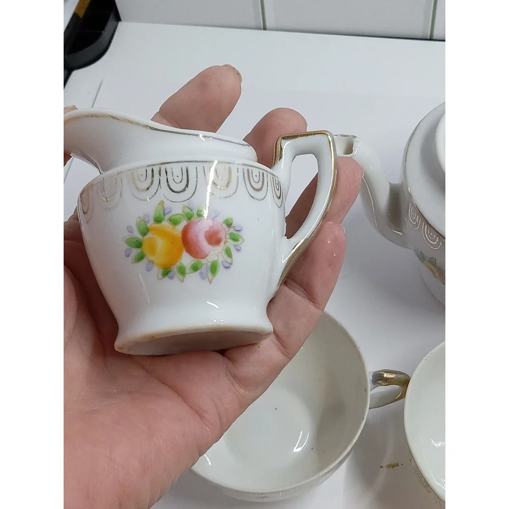 Vintage Japanese Porcelain Floral Tea Set Teapot Creamer 3 Cups Gold Trim White